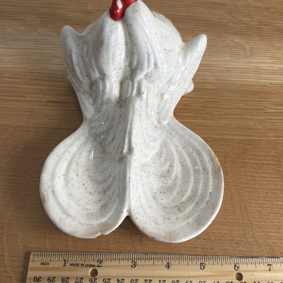 Vintage MCM Rooster&hen Double Spoon Holder Rest White Speckled - Picture 4 of 9